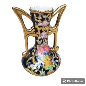 Vintage H. Bequet quaregnon hand-painted black gold trim ceramic vase